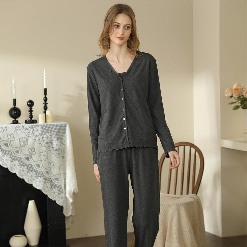 Homewear With Braces Cardigan French Style Three-piece Pajamas For Women