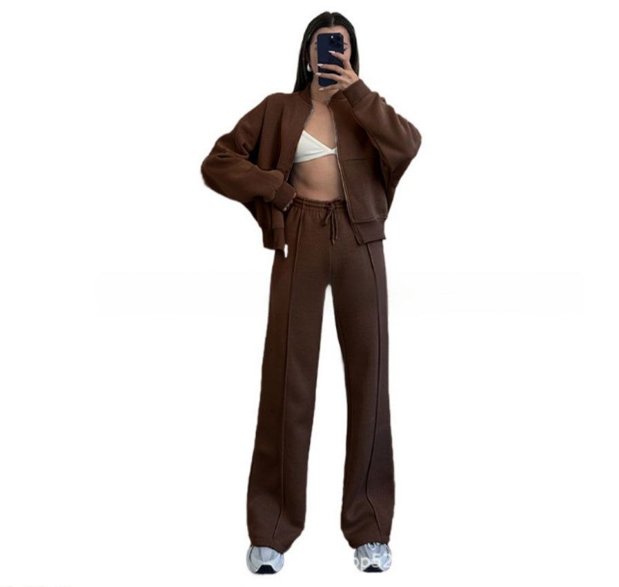 Casual Sports Suit Cardigan Sweater Wide Leg Sweatpants For Women