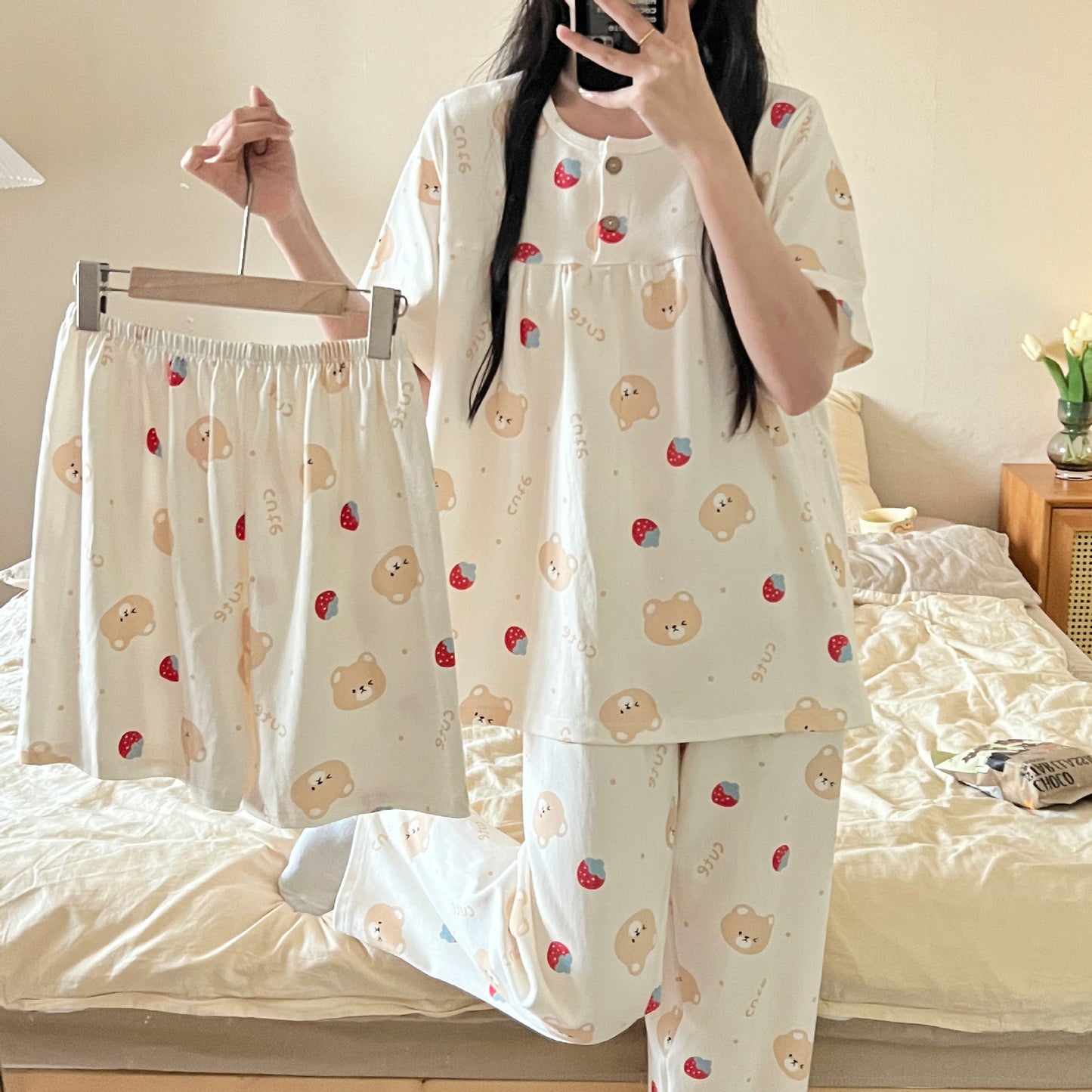Cotton Three-piece Pajamas For Women Spring And Summer