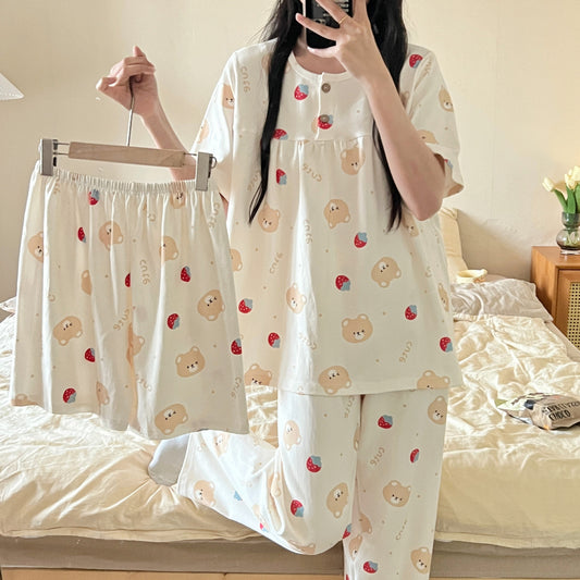 Cotton Three-piece Pajamas For Women Spring And Summer