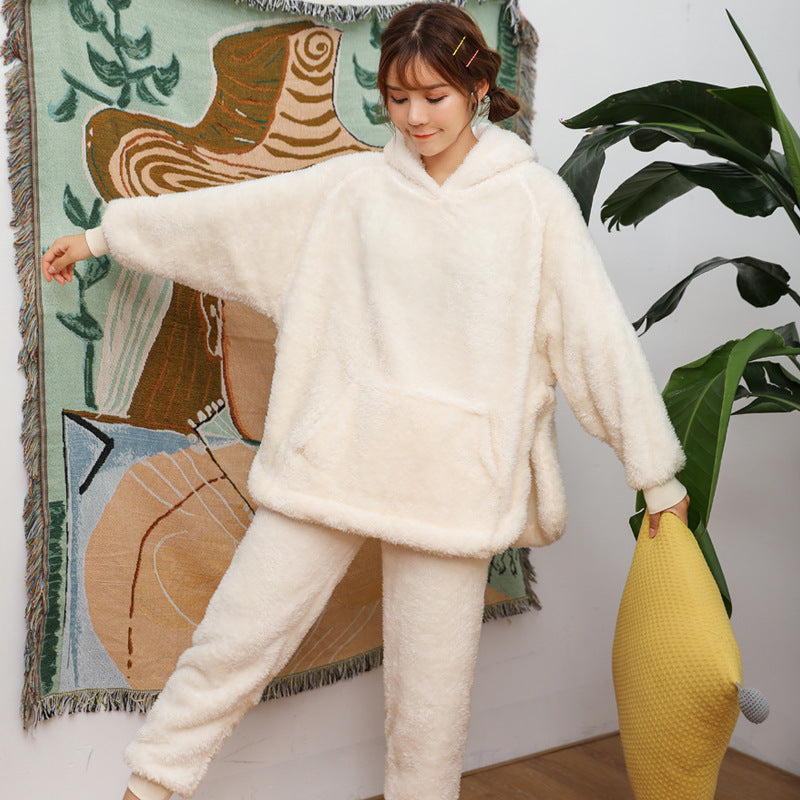 Pajamas Women Winter Flannel Hooded Casual Suit