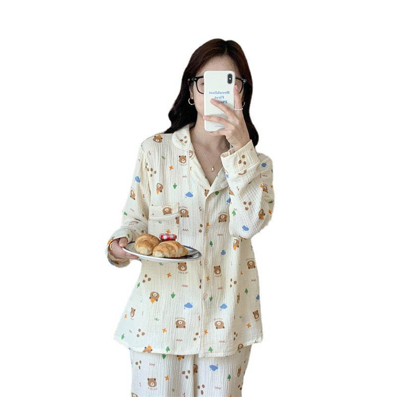 Pure Cotton Cartoon Long-sleeved Pajamas Set Letter Bear Homewear For Women
