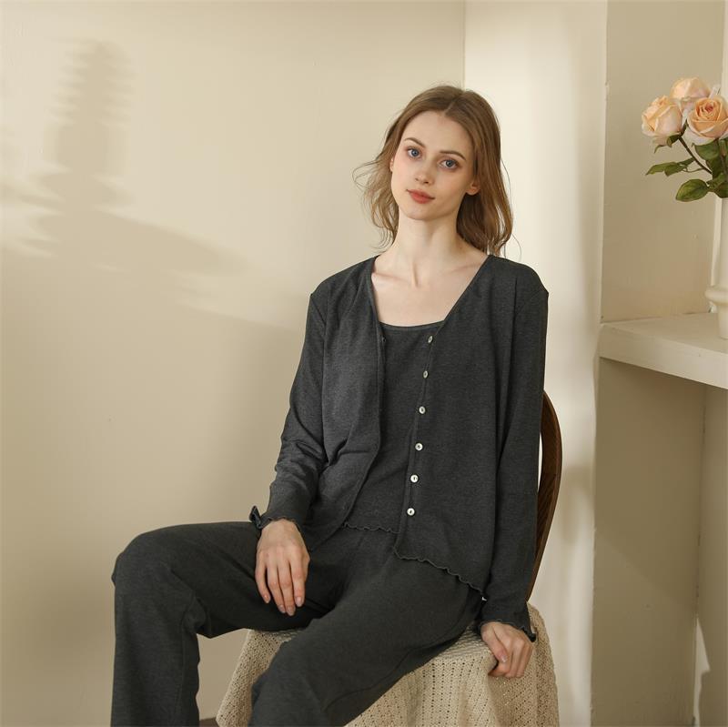 Homewear With Braces Cardigan French Style Three-piece Pajamas For Women
