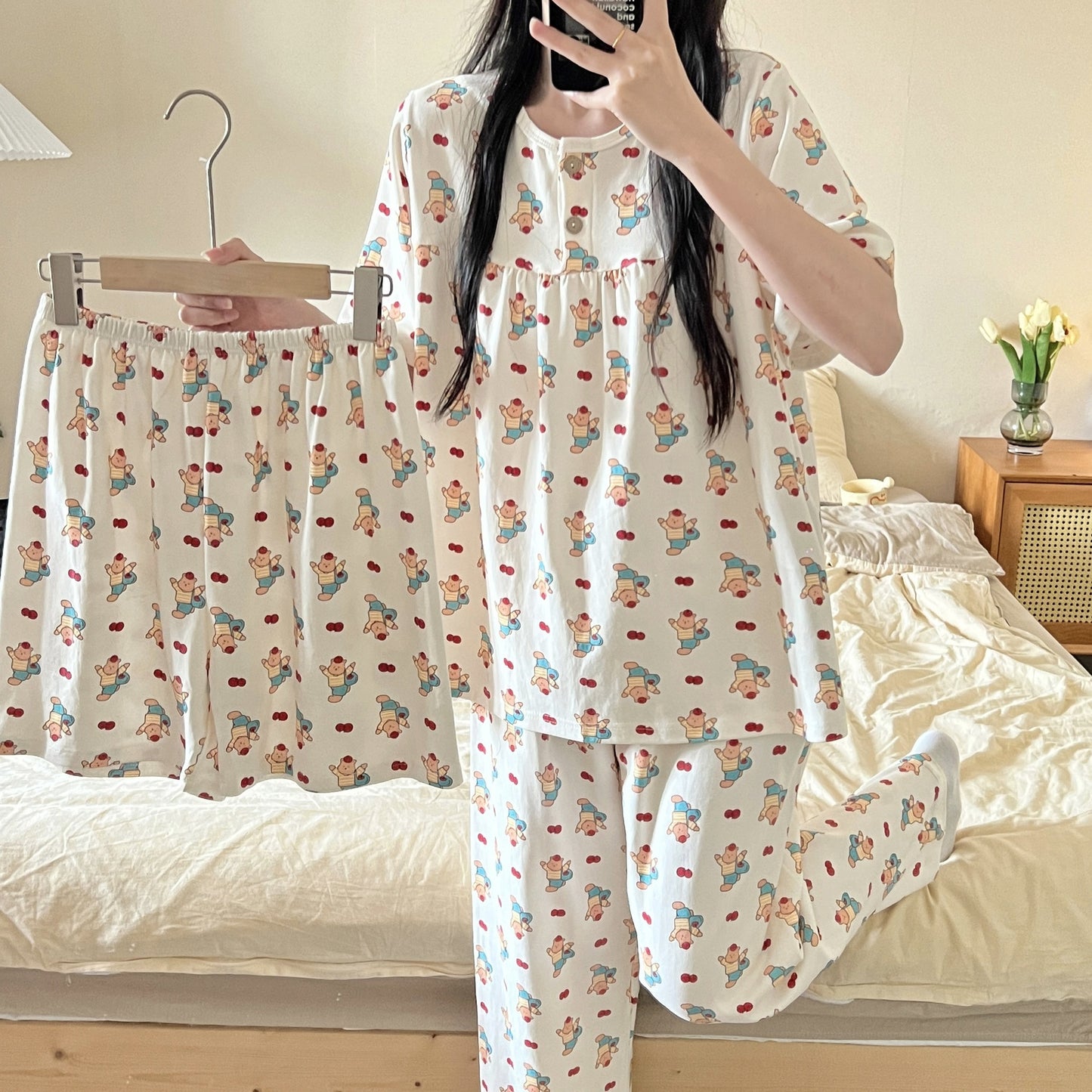 Cotton Three-piece Pajamas For Women Spring And Summer