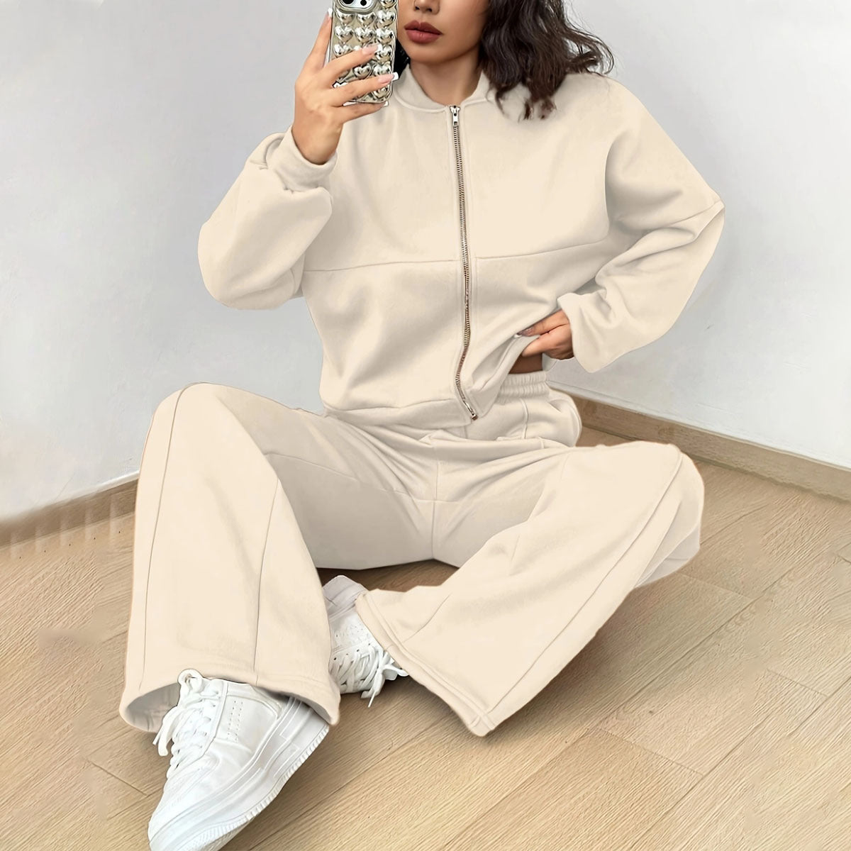 Casual Sports Suit Cardigan Sweater Wide Leg Sweatpants For Women
