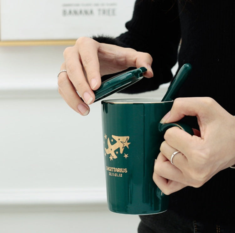 Twelve Constellation Ceramic Mug With Gold Handle And Spoon With Lid