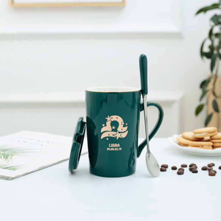 Twelve Constellation Ceramic Mug With Gold Handle And Spoon With Lid