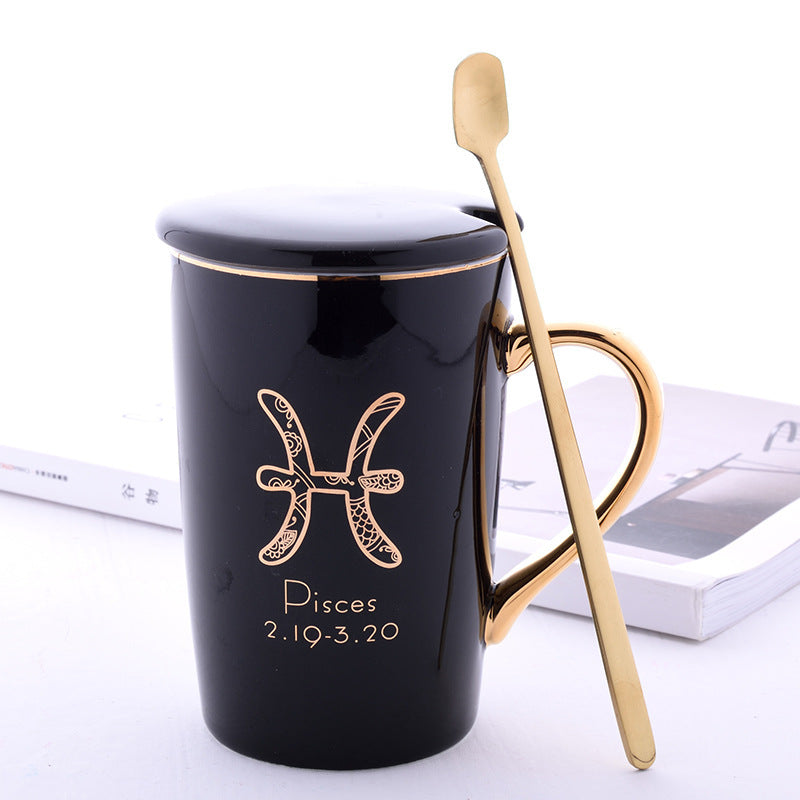 Twelve Constellation Ceramic Mug With Gold Handle And Spoon With Lid