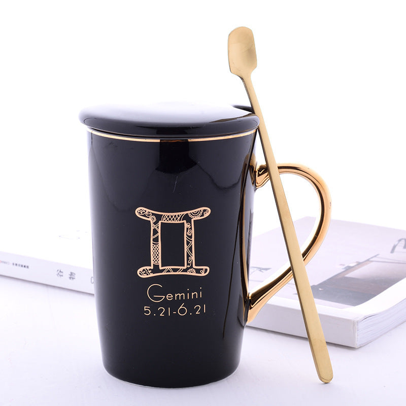 Twelve Constellation Ceramic Mug With Gold Handle And Spoon With Lid