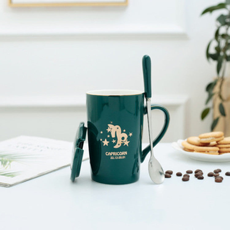 Twelve Constellation Ceramic Mug With Gold Handle And Spoon With Lid