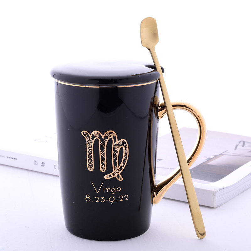 Twelve Constellation Ceramic Mug With Gold Handle And Spoon With Lid