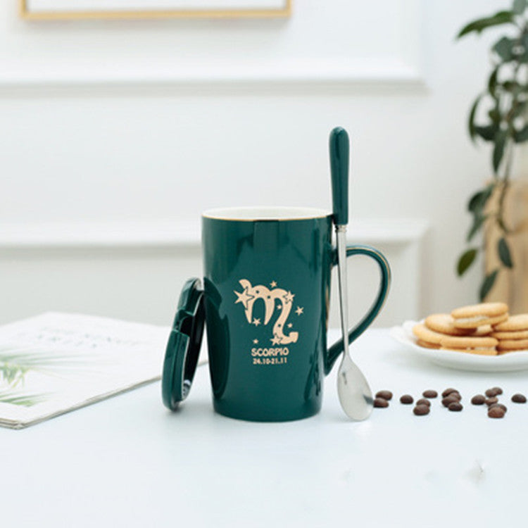 Twelve Constellation Ceramic Mug With Gold Handle And Spoon With Lid