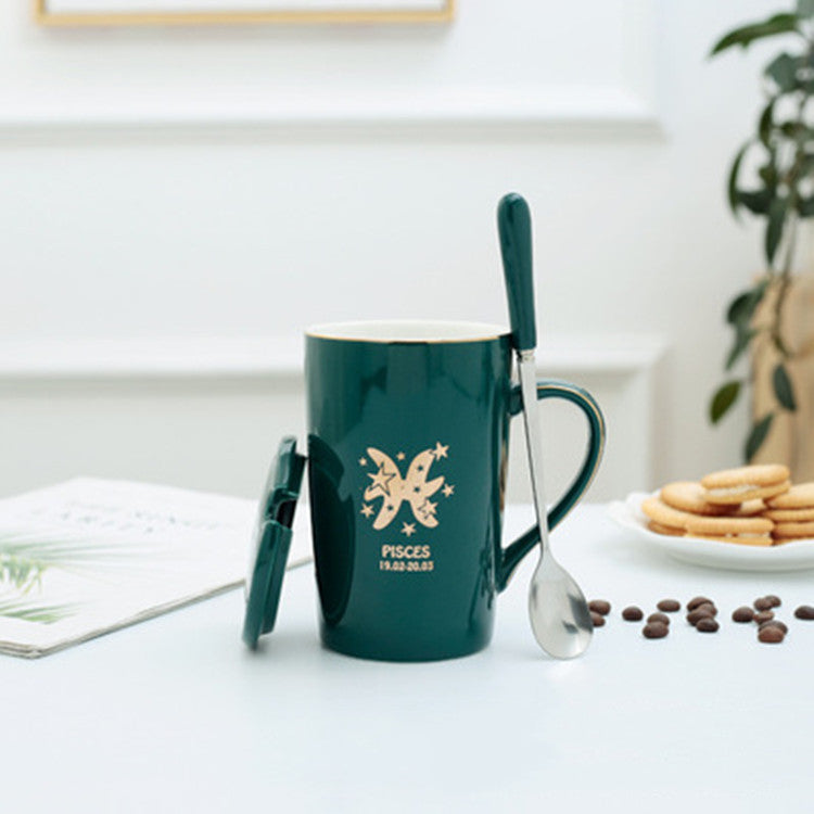 Twelve Constellation Ceramic Mug With Gold Handle And Spoon With Lid