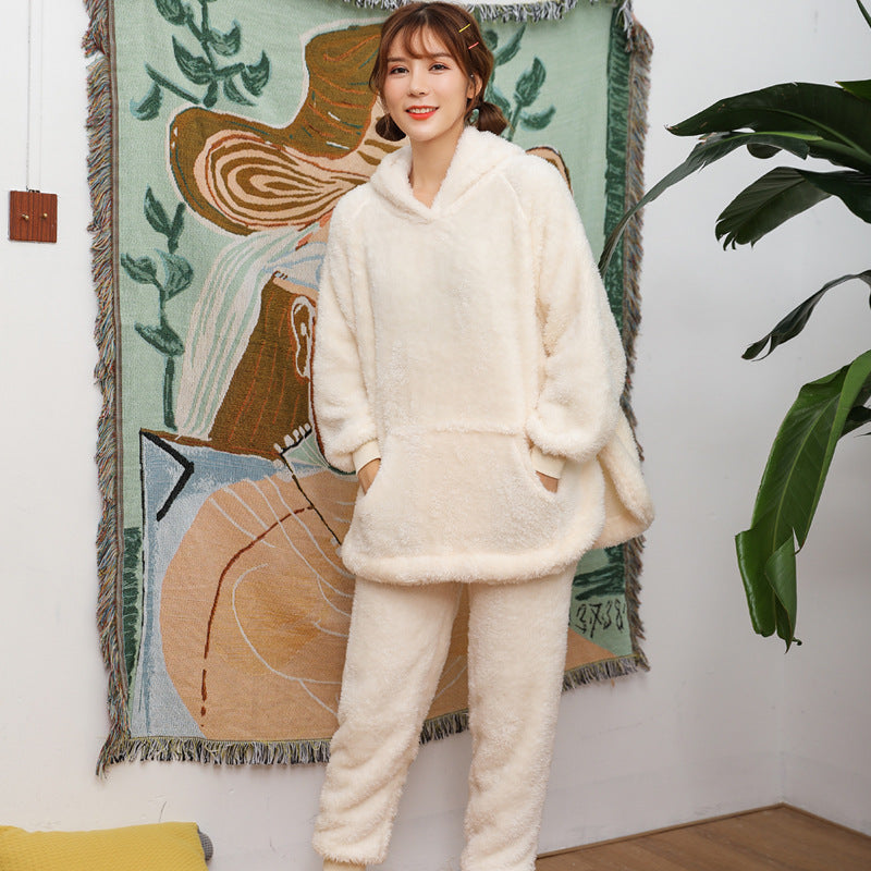 Pajamas Women Winter Flannel Hooded Casual Suit