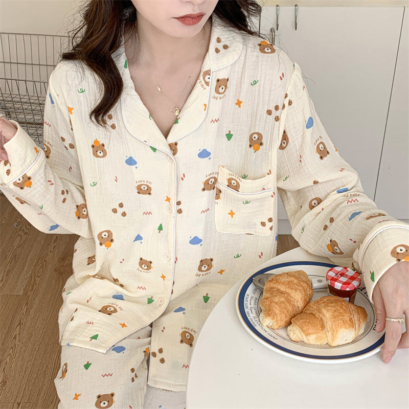 Pure Cotton Cartoon Long-sleeved Pajamas Set Letter Bear Homewear For Women
