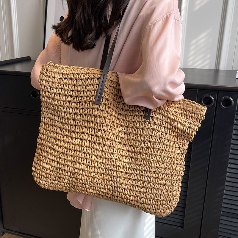 Summer Woven Shoulder Bag Ins Fashion Large Capacity Handbags With Zipper Women's Beach Bags