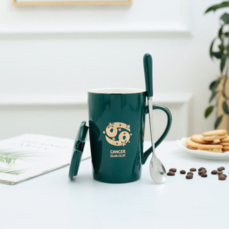 Twelve Constellation Ceramic Mug With Gold Handle And Spoon With Lid