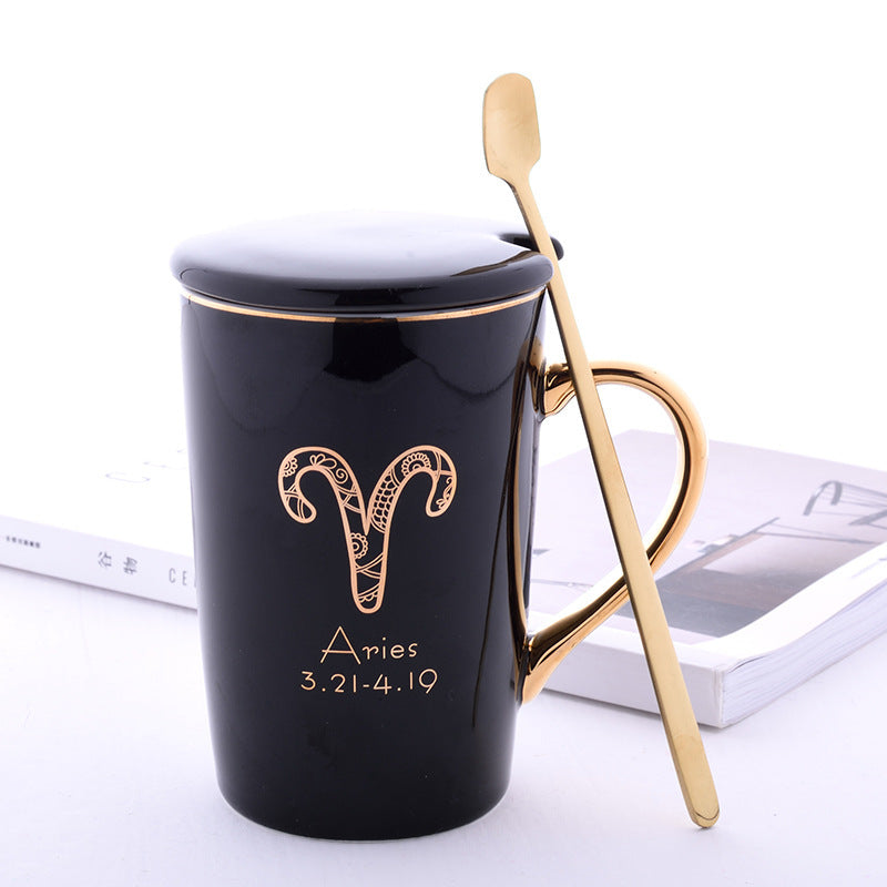 Twelve Constellation Ceramic Mug With Gold Handle And Spoon With Lid