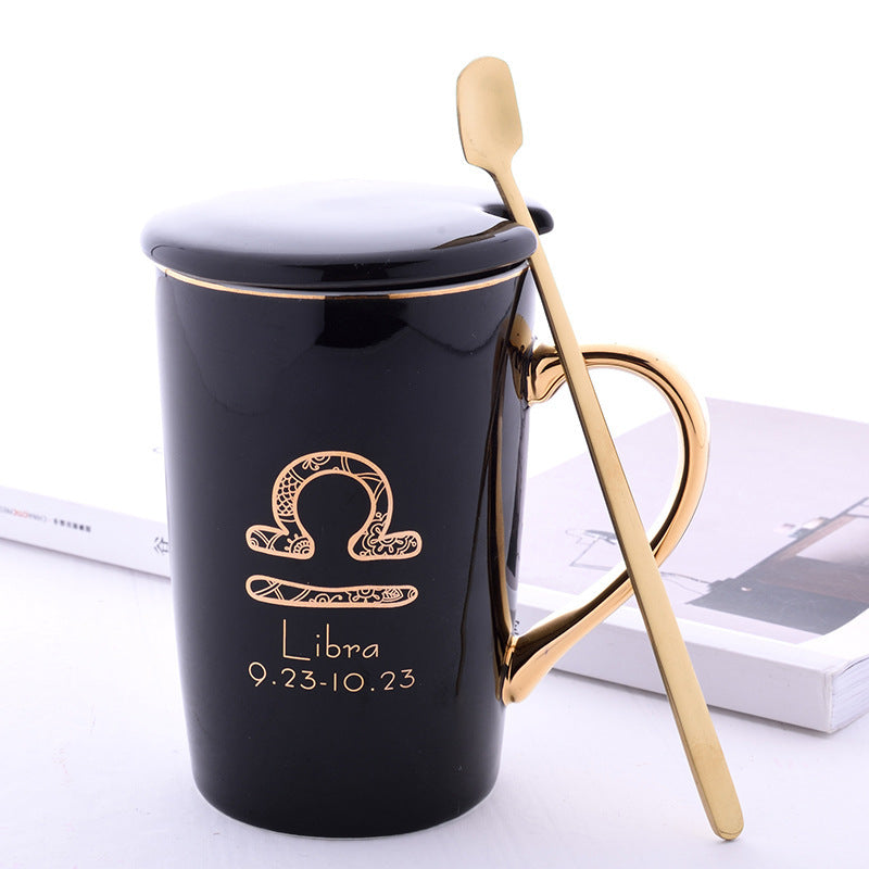 Twelve Constellation Ceramic Mug With Gold Handle And Spoon With Lid