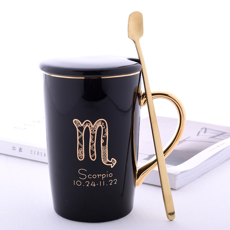 Twelve Constellation Ceramic Mug With Gold Handle And Spoon With Lid