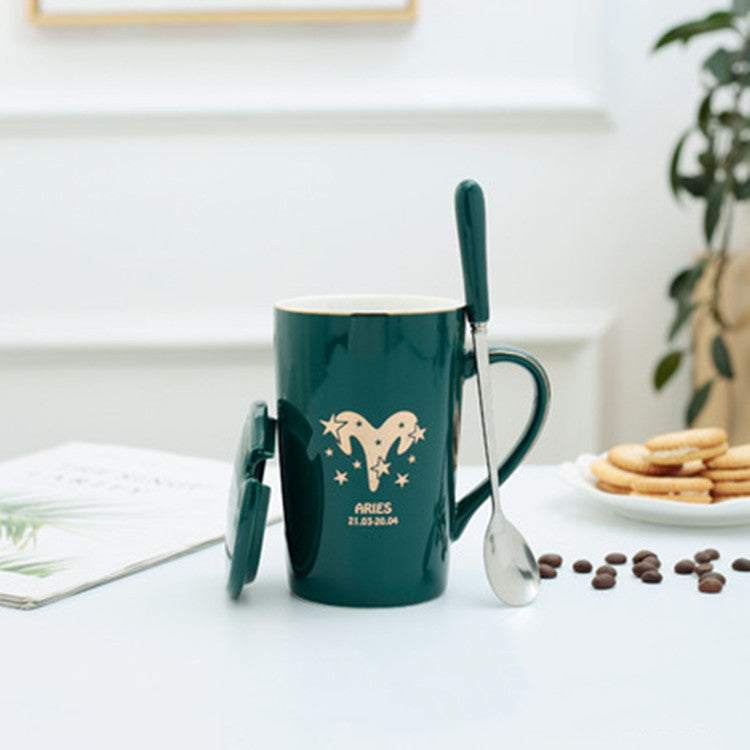 Twelve Constellation Ceramic Mug With Gold Handle And Spoon With Lid