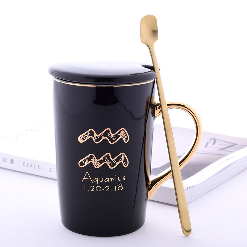 Twelve Constellation Ceramic Mug With Gold Handle And Spoon With Lid