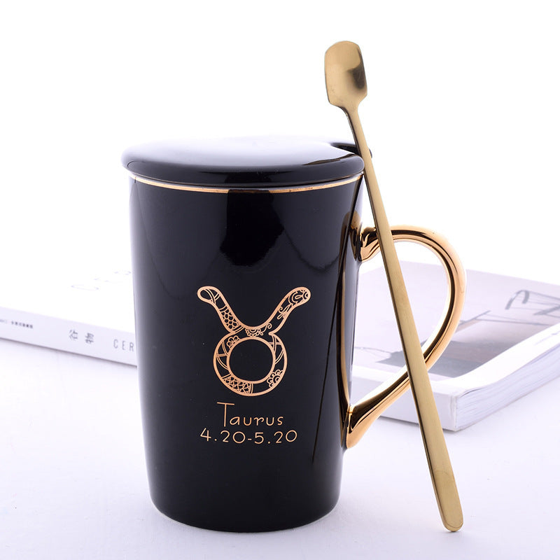 Twelve Constellation Ceramic Mug With Gold Handle And Spoon With Lid