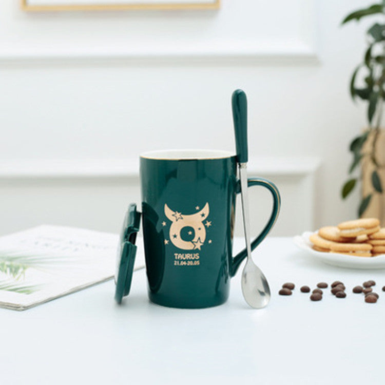 Twelve Constellation Ceramic Mug With Gold Handle And Spoon With Lid