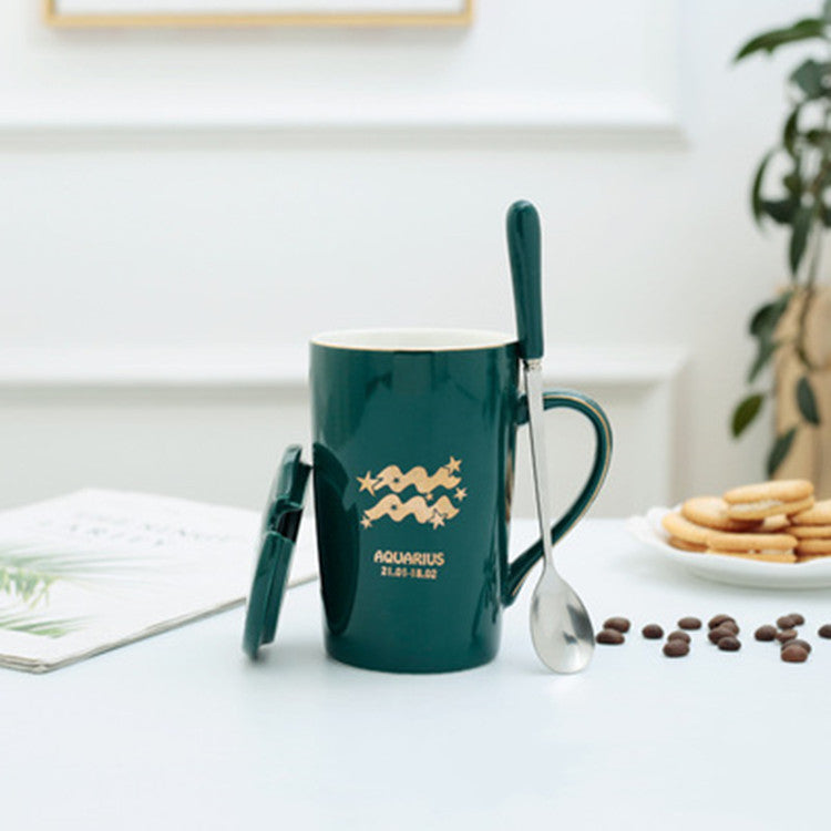 Twelve Constellation Ceramic Mug With Gold Handle And Spoon With Lid