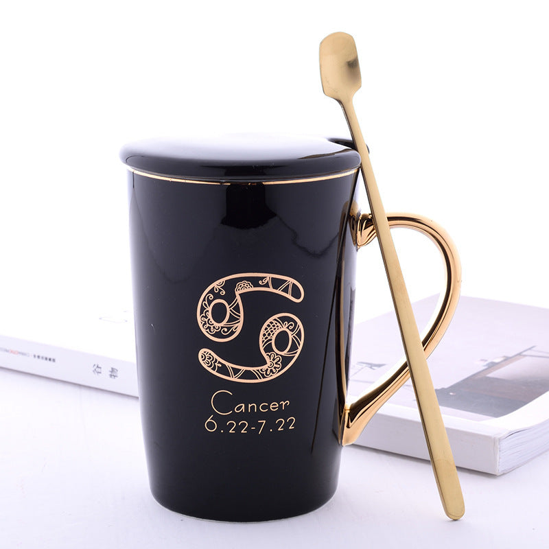 Twelve Constellation Ceramic Mug With Gold Handle And Spoon With Lid