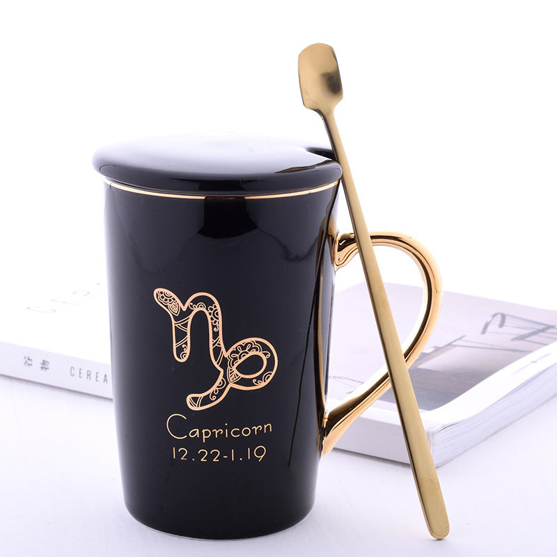 Twelve Constellation Ceramic Mug With Gold Handle And Spoon With Lid