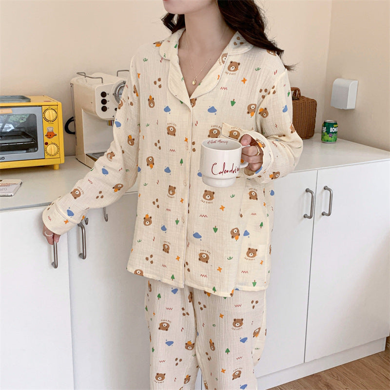 Pure Cotton Cartoon Long-sleeved Pajamas Set Letter Bear Homewear For Women