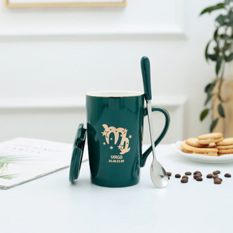 Twelve Constellation Ceramic Mug With Gold Handle And Spoon With Lid