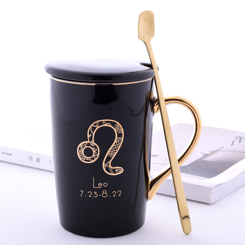 Twelve Constellation Ceramic Mug With Gold Handle And Spoon With Lid
