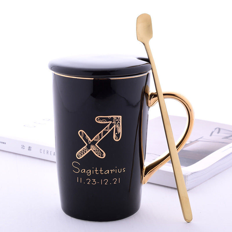 Twelve Constellation Ceramic Mug With Gold Handle And Spoon With Lid